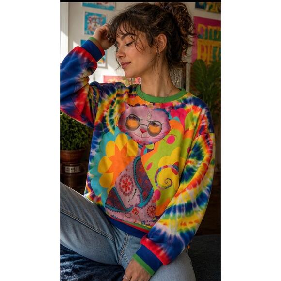 The Hoody Shop Tops - Y2K Psychedelic Cat Sweatshirt – Tie Dye –That Hoody Shop Retro Novelty Crewneck